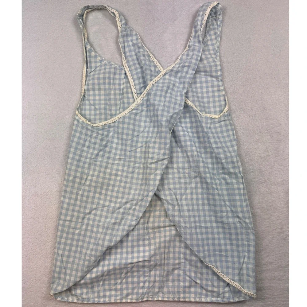 Vintage Blue Gingham Check Cross Back Apron Lace Trim Pockets Cottagecore